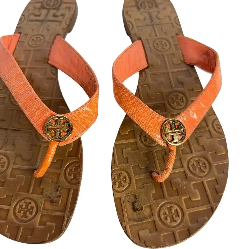 Tory Burch Thora Logo Orange Leather Thong Flip-Flop Flat Sandal Women's Size 9